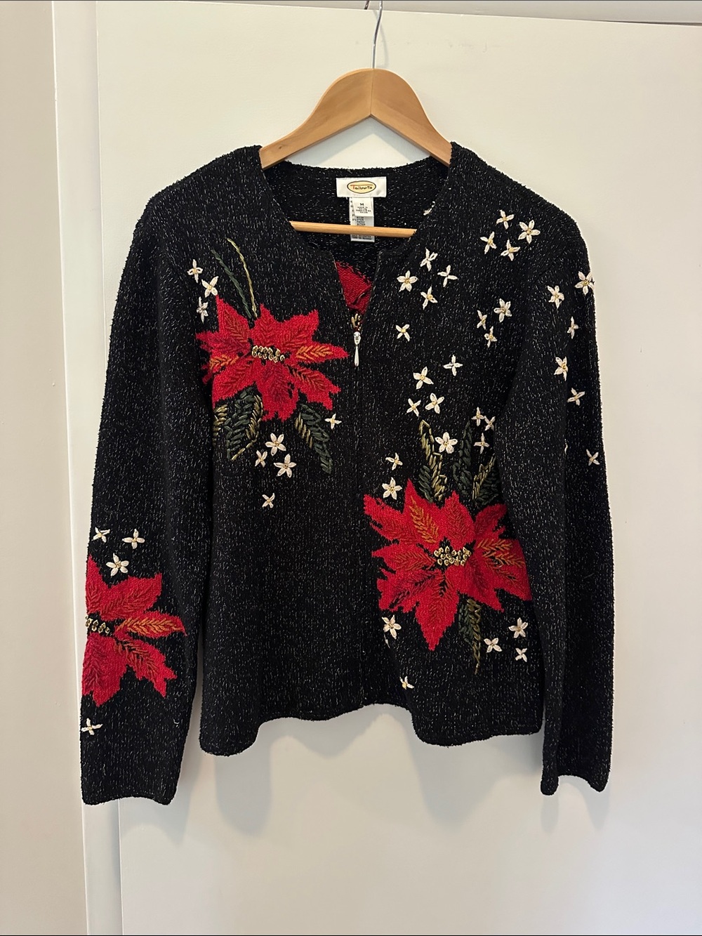 Talbots Black Sweater with Red Poinsettia Embroidery